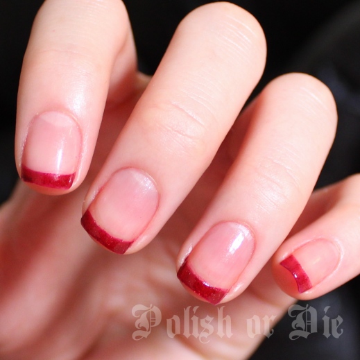 Red and nude French manicure with Essie Scarlett O'Hara and Konad stamping plates