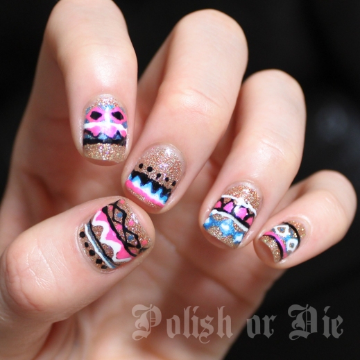 neon pink, neon blue, and gold glitter aztec tribal print nail art
