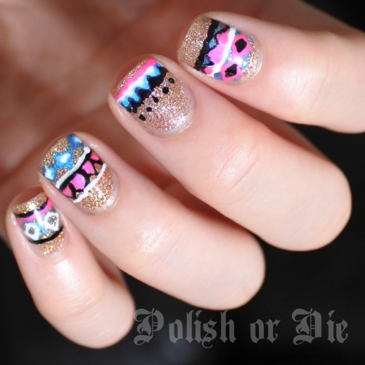 neon pink, neon blue, and gold glitter aztec tribal print nail art